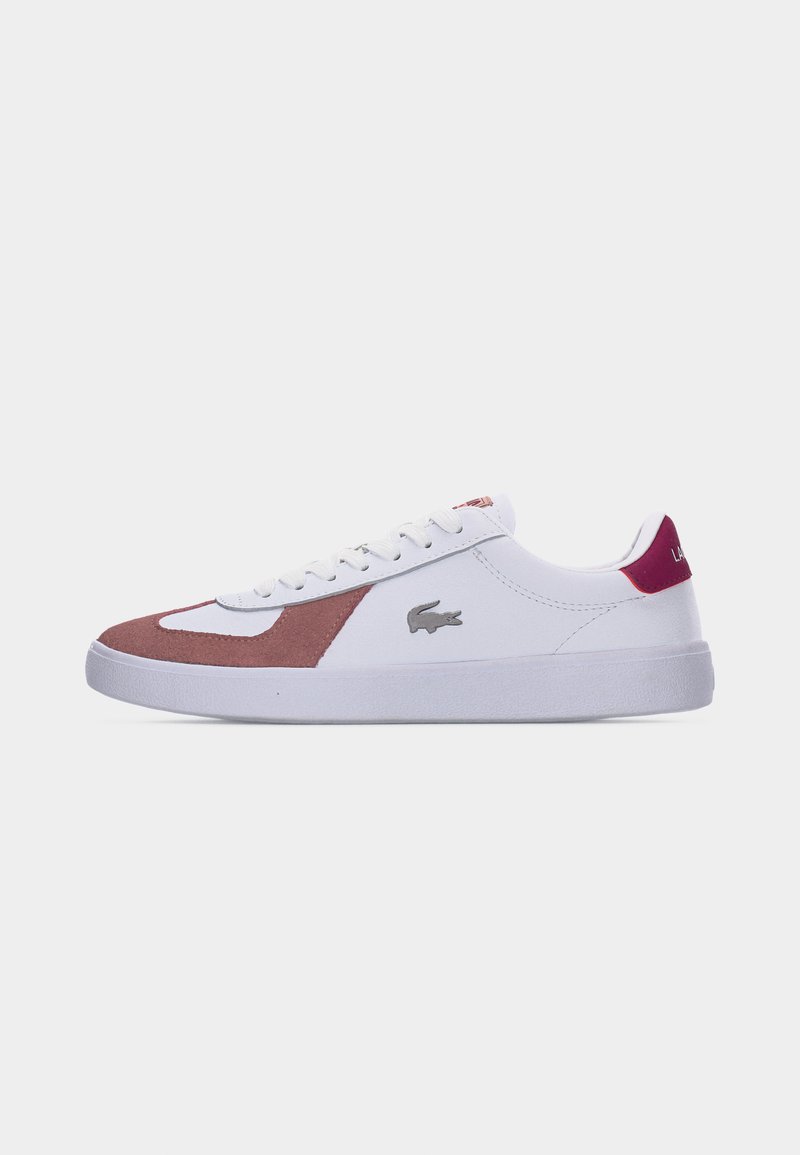 White and maroon low-top sneaker with lace-up design, rubber sole, and metal Lacoste crocodile logo on the side.