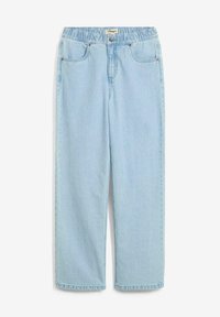 Jeans in denim azzurro chiaro con vestibilità rilassata, vita elastica e design a cinque tasche. Tessuto semplice senza motivi o decorazioni visibili.