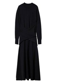 Robe noire à manches longues avec un haut ajusté et une jupe évasée et ample. Présente un détail croisé à la taille, fabriquée en tissu doux.
