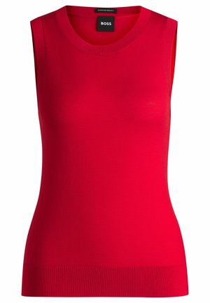 Röd ärmlös topp i superfint merinoull, med ribbat nacke och nederkant, samt en slät, figurnära textur.