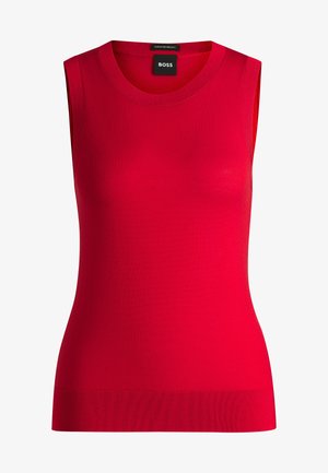 Rotes ärmelloses Top aus superfeiner Merinowolle, mit einem gerippten Halsausschnitt und Saum, sowie einer glatten, enganliegenden Textur.