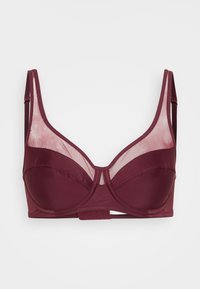 Burgunderfarget bh med mesh-paneler og glatt stoff, med underwire, justerbare stropper og en krokslås bak.