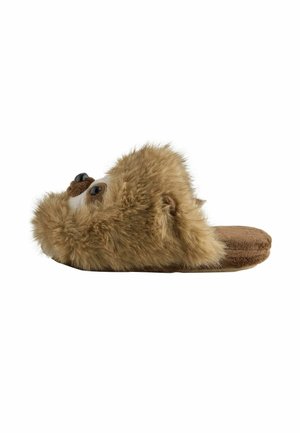 Brown fuzzy slipper designed to look like a sloth face with black nose and eyes, viewed from the side on a white background.