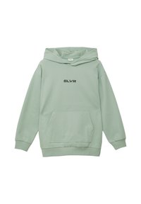 Lichtgroene katoenen hoodie met een frontzak, lange mouwen en zwarte "SLVR" tekst op de borst. Heeft een verstelbare capuchon.