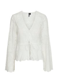 Blouse blanche avec un décolleté en V profond, des manches longues évasées et des détails en œillets floraux. Dotée d'une taille à cordon et d'une fermeture à boutons. Tissu texturé.