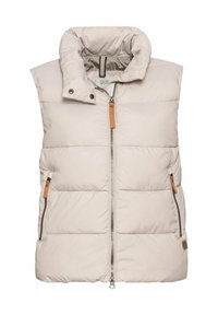 Veste sans manches matelassée beige avec col montant, fermeture éclair avant, deux poches latérales zippées et tirettes de fermeture éclair marron.