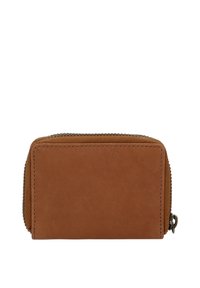 Brown leather wallet with a smooth texture, zip closure, and rounded edges. Features a minimalist design with no visible hardware or accents.