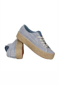 Niebieskie dżinsowe buty sznurowane z grubą, tkanych juty platformą, ustawione w taki sposób, że jeden but jest prosto, a drugi opiera się na nim.
