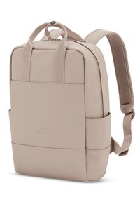 Beige backpack with a smooth, matte finish. Features padded straps, dual handles, a front pocket, and subtle branded logo on the side.