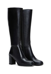 Botas de cuero negras hasta la rodilla con tacón de bloque, textura suave, punta redondeada y cremallera lateral. Presenta un detalle de costura en contraste en la parte superior.