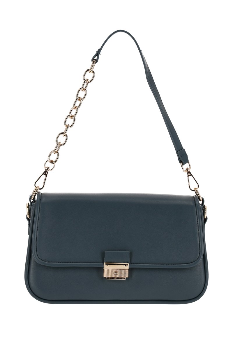 Tummansininen nahkainen käsilaukku, jossa on läppäkansi, kullanväriset metalliosat ja ketjulenkkiolkaimen hihna. Sileä pinta ja suorakulmainen muoto.