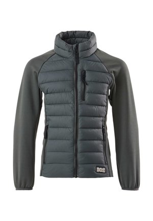 Dark gray hybrid jacket with padded front, smooth sleeves, high collar, front and chest zippered pockets, and elastic cuffs.
