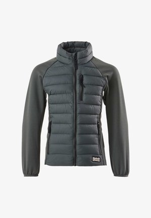 Veste hybride gris foncé avec devant rembourré, manches lisses, col haut, poches zippées à l'avant et sur la poitrine, et poignets élastiques.