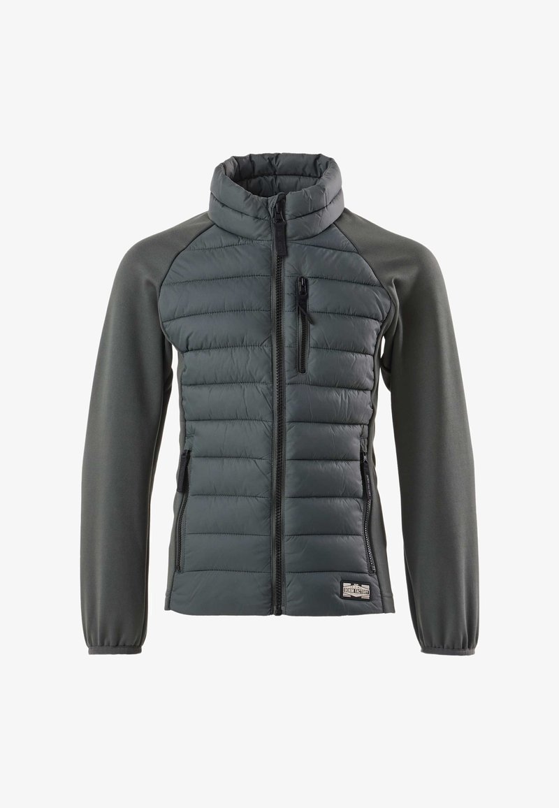 Dunkelgraue Hybridjacke mit gepolstertem Vorderteil, glatten Ärmeln, hohem Kragen, Reißverschlusstaschen vorne und auf der Brust sowie elastischen Bündchen.