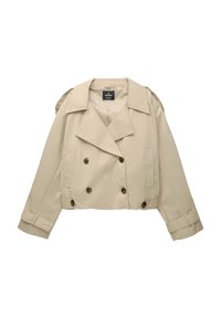 Veste beige courte à double boutonnage avec larges revers, manches longues, poignets boutonnés et poches latérales.