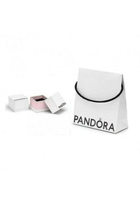 Weißer Papier-Einkaufsbeutel mit schwarzen Griffen, auf dem in fetten Buchstaben "PANDORA" steht. Daneben eine kleine weiße Geschenkbox mit pinkem Innenleben.