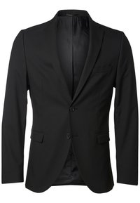 Blazer negro de un solo botón con solapa, de tela suave, dos botones y bolsillos laterales, con un color sólido y un diseño elegante.