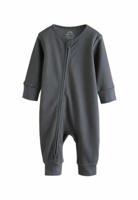 Bodies de bebé de color gris oscuro, con mangas largas, escote redondo y cremallera frontal. Presenta mangas y piernas con puños para mayor comodidad.