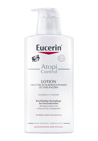 Eucerin Atopi Control lotion in a white, pump bottle with a clear label detailing ingredients and benefits for dry skin and eczema.