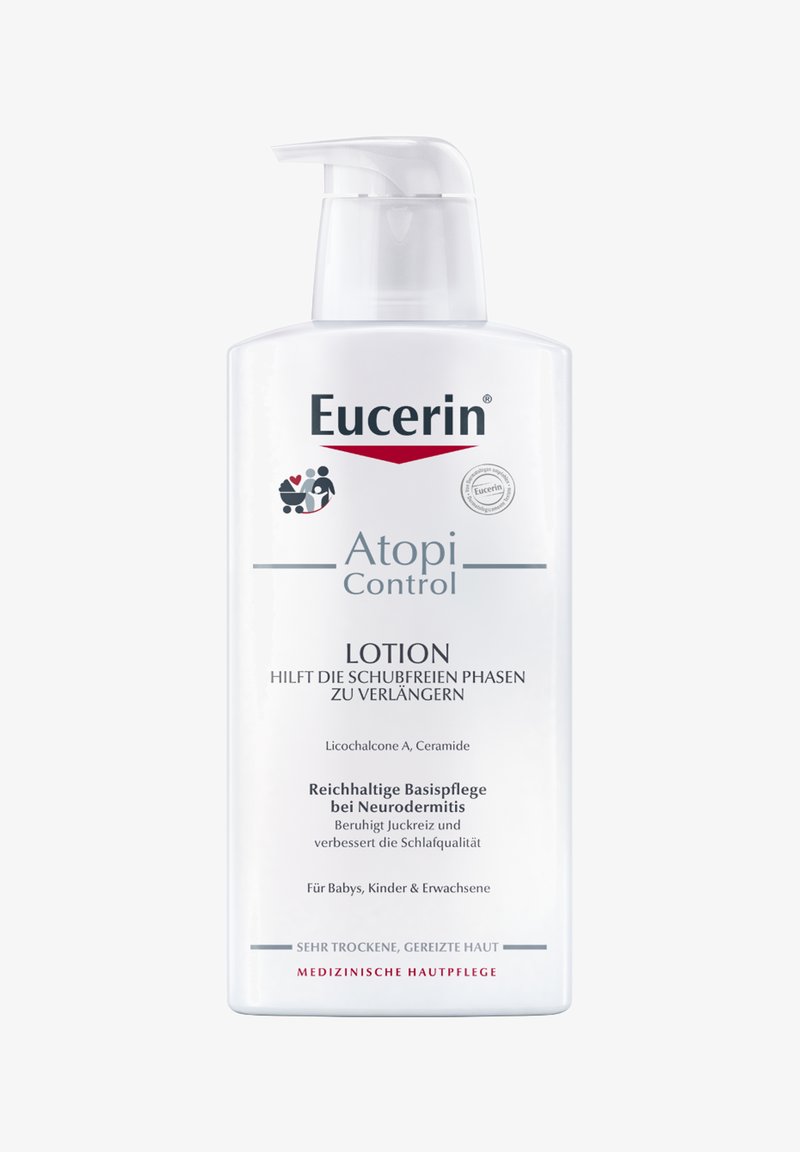 Eucerin Atopi Control lotion in a white, pump bottle with a clear label detailing ingredients and benefits for dry skin and eczema.