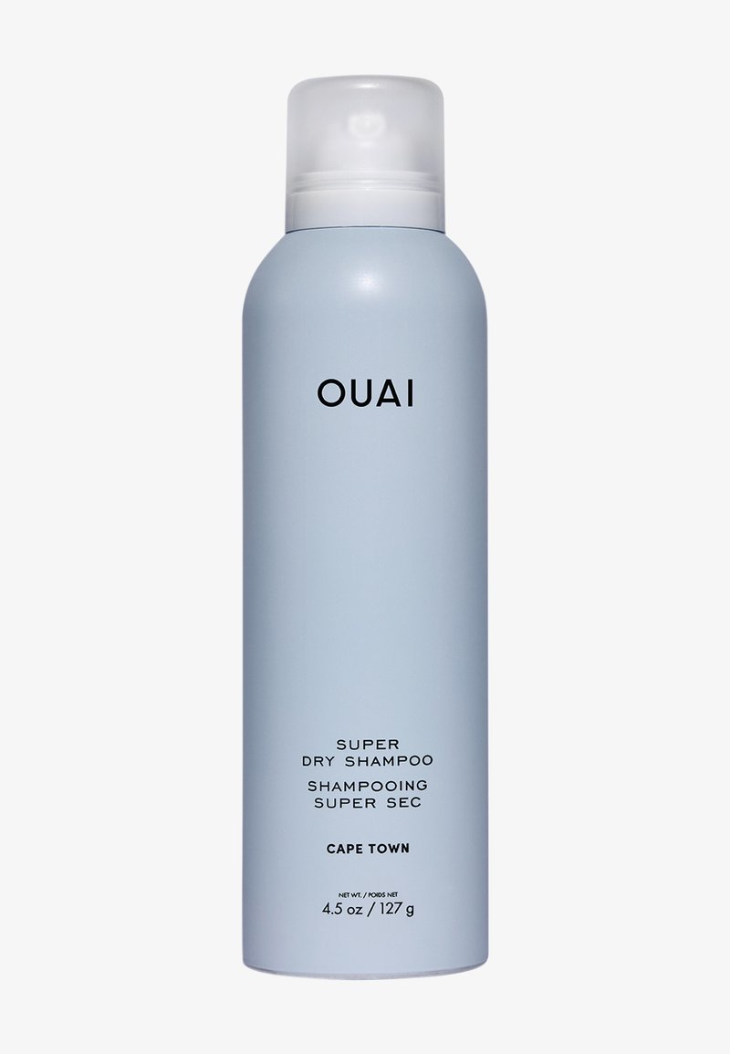 Hellblauer Spray-Dose mit der Aufschrift OUAI Super Dry Shampoo Cape Town, enthält 127 g (4,5 oz) mit weißer durchsichtiger Kappe.