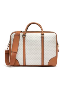 Braune Lederhandtasche mit einer Vorderseite aus weißem, gemustertem Stoff. Sie verfügt über doppelte Griffe, einen abnehmbaren Schultergurt und einen Reißverschluss.