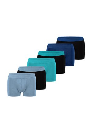 Six pairs of men's boxer briefs in shades of blue, teal, and black arranged in a staggered row on a white background.