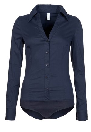 Navy blue long-sleeve shirt with a pointed collar, button placket, and built-in bottom. Smooth texture with fitted design.