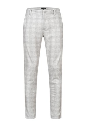 Pantaloni grigio chiaro in tessuto strutturato, con un delicato motivo a quadri e una vestibilità classica, dotati di chiusura a bottone e tasche laterali.