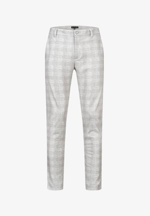 Hell graue Hose aus strukturiertem Stoff, mit einem dezenten Karomuster und klassischem Schnitt, Knopfverschluss und seitlichen Taschen.