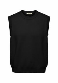 Schwarzer, ärmelloser Pullover aus strukturiertem Stoff. Rundhalsausschnitt mit gerippter Kante an den Schultern und am Saum. Einfaches, minimalistisches Design.