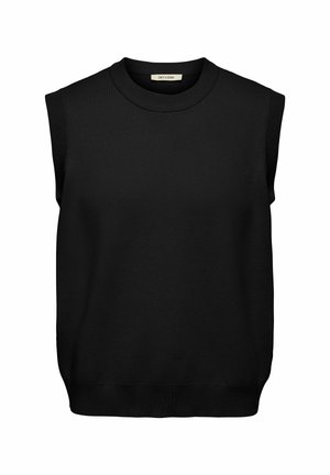 Suéter negro sin mangas hecho de una tela texturizada. Cuello redondo con ribete en los hombros y en el dobladillo. Diseño simple y minimalista.