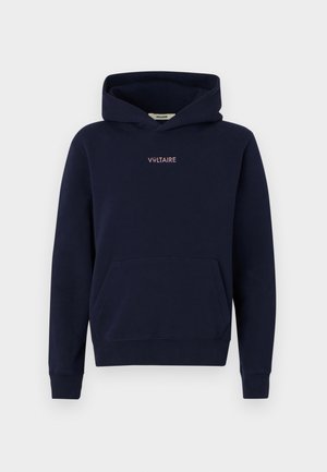 Felpa navy in cotone, dotata di tasca frontale, polsini a coste e un piccolo logo "VOLTAIRE" rosa sul petto.