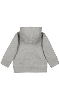 Felpa grigia con cappuccio, realizzata in tessuto morbido, dotata di tasca a marsupio, polsini a costine e vestibilità comoda. La vista posteriore mostra un design semplice.