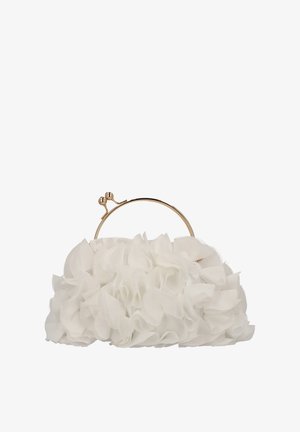 Biała kopertówka z detalem z marszczonej tkaniny, wyposażona w metalową ramkę i zapięcie w kolorze złotym. Miękka faktura, zaokrąglony kształt i kobiecy design.