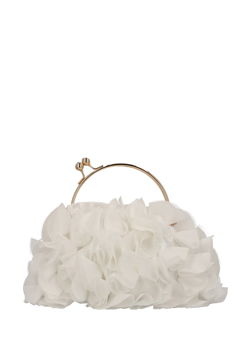 Bílá kabelka do ruky s volánkovým detailem z látky, s kovovým rámem a zapínáním ve zlaté barvě. Měkká textura, zaoblený tvar a ženský design.
