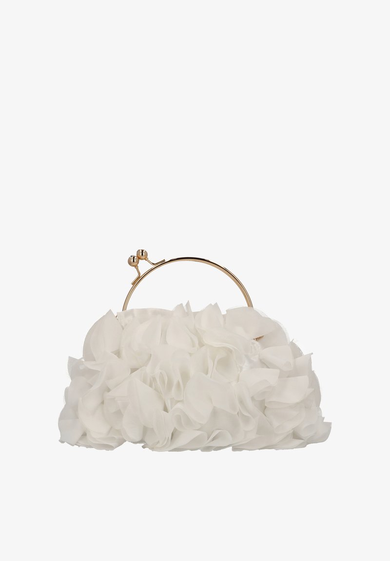 Bílá kabelka do ruky s volánkovým detailem z látky, s kovovým rámem a zapínáním ve zlaté barvě. Měkká textura, zaoblený tvar a ženský design.