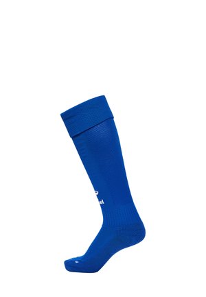 Chaussettes bleu ciel jusqu'aux genoux en tissu texturé, dotées d'un haut côtelé et d'une semelle lisse. Comprend un détail de logo sur le côté.