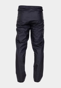 Zwarte waterdichte broek met een elastische tailleband, rechte pijpen en drukknoopsluitingen bij de enkels voor verstelbaarheid. Gladde textuur.