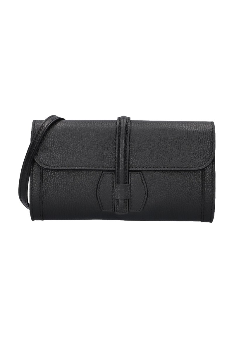 Zwarte leren clutch met een geweven oppervlakte, gerolde ontwerpelementen, draagriem en een sluiting met een decoratieve accent.