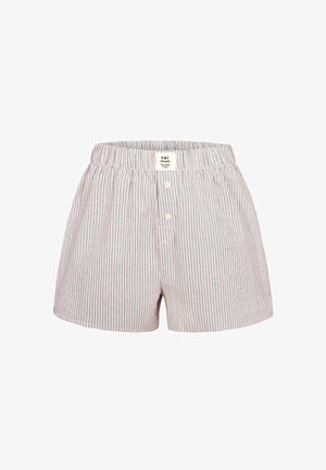 Bokserki w czerwono-białym pionowym paskowanym wzorze, wyposażone w elastyczny pas i dwa guziki z przodu. Wykonane z lekkiego materiału.