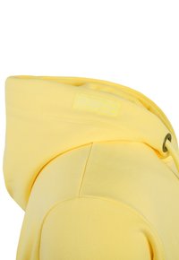 Gelbes Sweatshirt mit Kapuze, aus strukturiertem Material, mit Kordelzug und einem kleinen Logolabel im Nackenbereich.