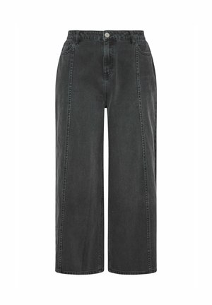 Jeans neri a gamba larga e taglio corto con vita alta, bottone frontale, chiusura con cerniera e tasche laterali, mostrati su sfondo bianco.