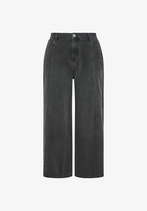 Czarne szerokie jeansy o kroju cropped z wysokim stanem, zapięciem na guziki z przodu, zamkiem błyskawicznym oraz bocznymi kieszeniami, prezentowane na białym tle.