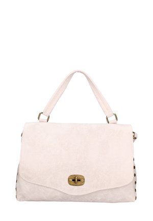 Borsa a tracolla in suede rosa chiaro con chiusura a patta e hardware dorato. Presenta borchie decorative lungo i lati e una maniglia corta.