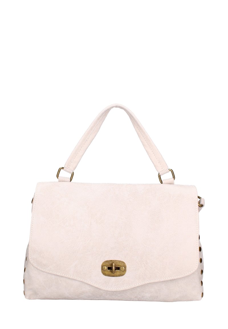 Borsa a tracolla in suede rosa chiaro con chiusura a patta e hardware dorato. Presenta borchie decorative lungo i lati e una maniglia corta.