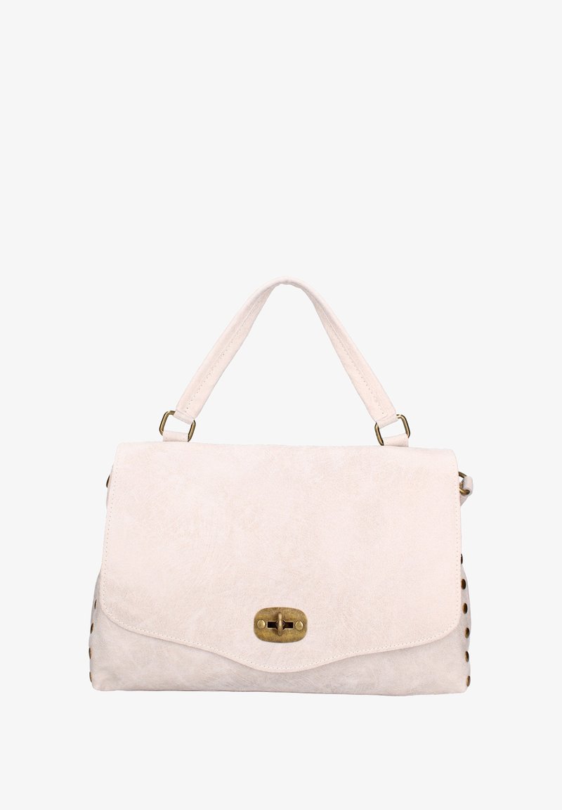 Borsa a tracolla in suede rosa chiaro con chiusura a patta e hardware dorato. Presenta borchie decorative lungo i lati e una maniglia corta.