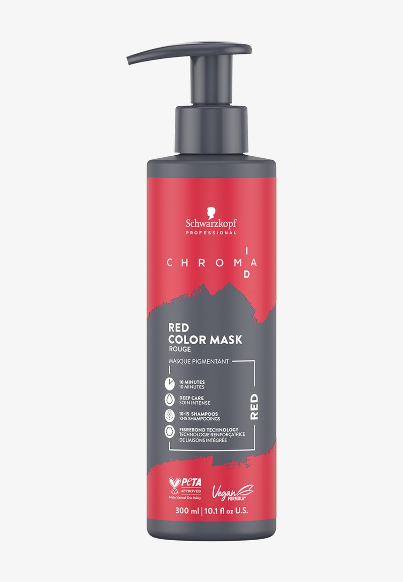 Rode en grijze plastic fles met pompje, gelabeld "Schwarzkopf Professional Chroma ID Red Color Mask," 300 ml, veganistische formule, met gebruiksaanwijzing.