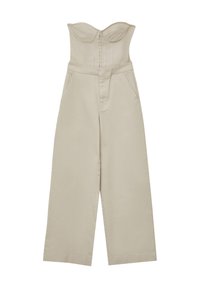 Combinaison en coton beige avec un corsage structuré sans bretelles, fermeture éclair à l'avant et design à jambes larges ; inclut deux poches latérales.
