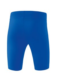 Pantaloncini sportivi blu realizzati in materiale elastico, con un design aderente e una texture liscia. Senza cuciture o decorazioni visibili.